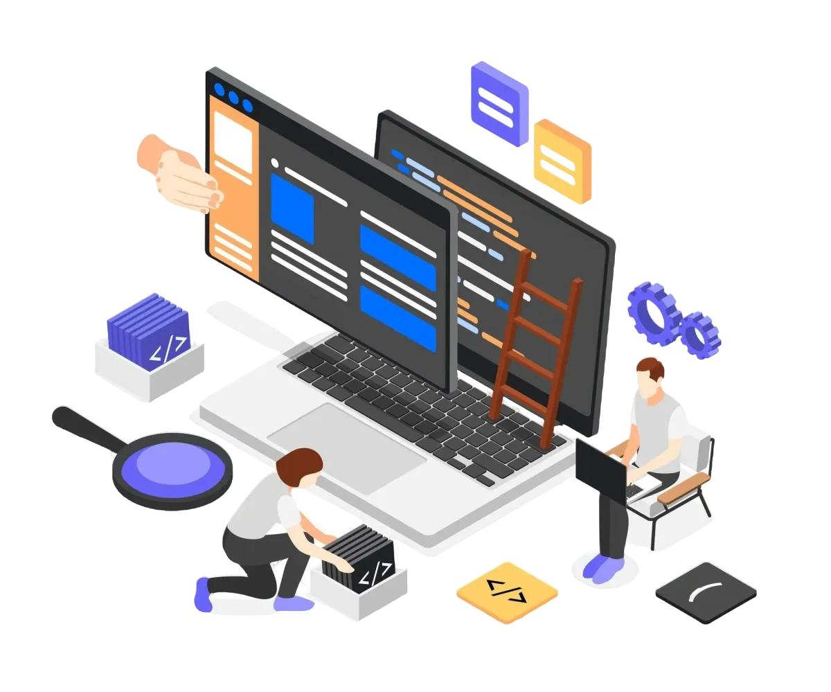 Developers building modern web applications and digital solutions on laptop with programming interface