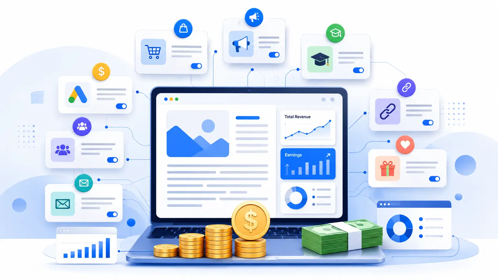 Blog monetization dashboard showing multiple revenue streams, analytics charts, advertising, affiliate links, online courses, subscriptions, and earnings around a laptop.