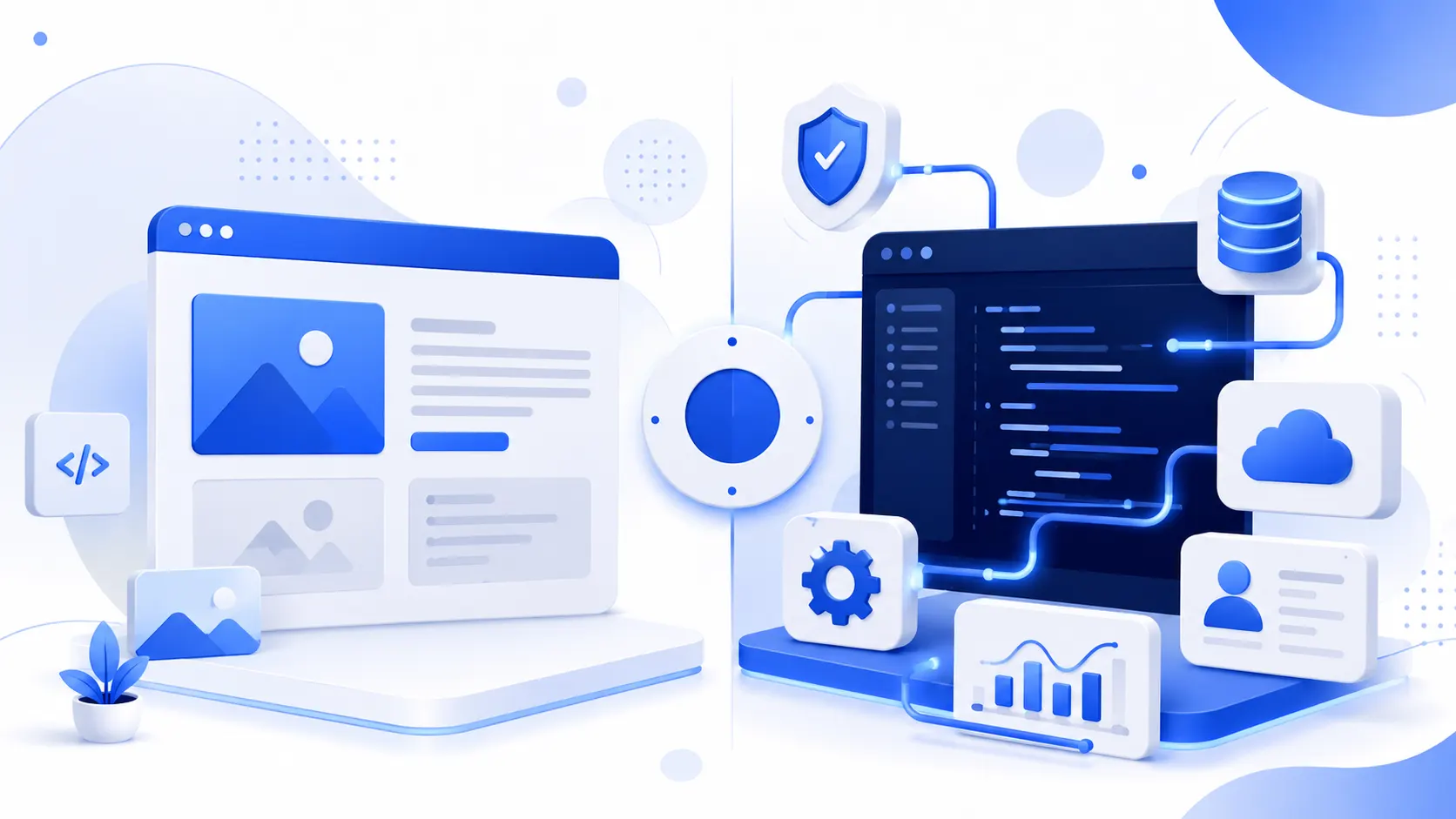 Side-by-side comparison illustration of static website architecture and dynamic website architecture for businesses