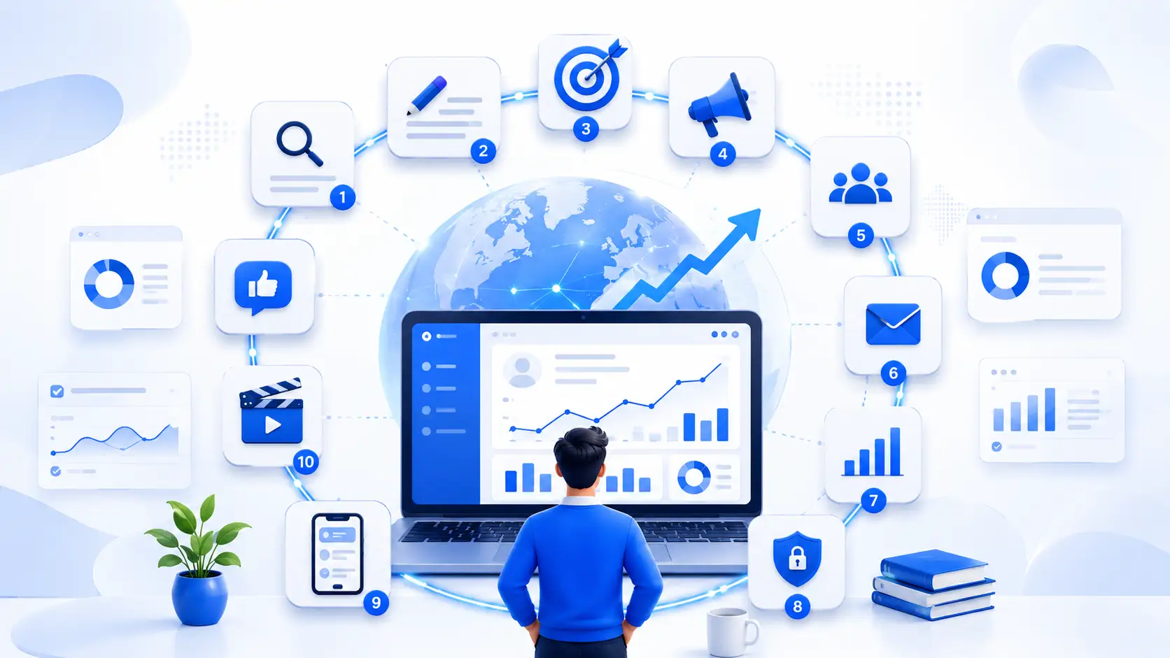 Person viewing an online growth dashboard surrounded by 10 connected digital marketing and online presence strategies, including SEO, content, social media, email, analytics, security, mobile, and video.