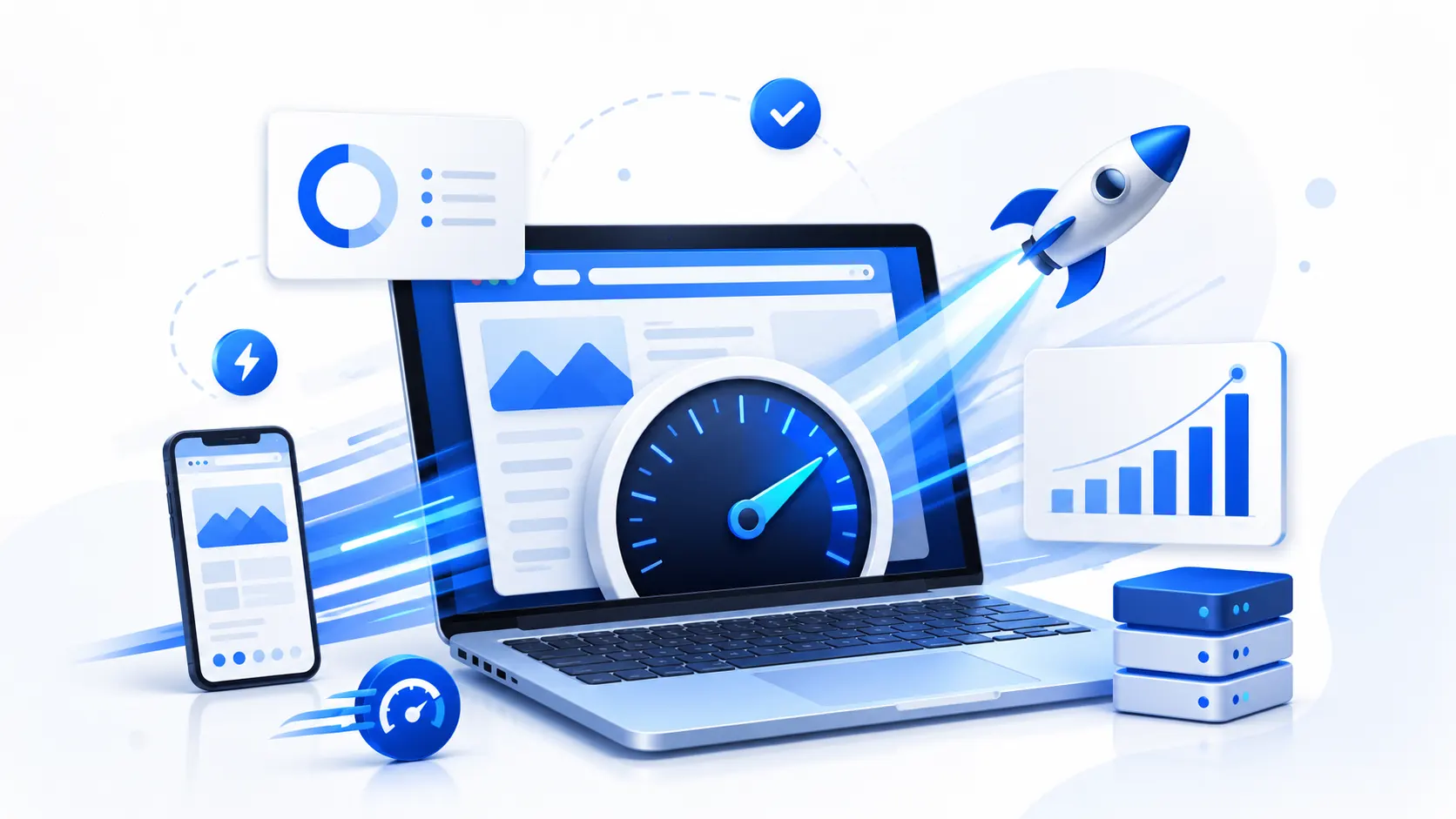 Website speed optimization dashboard showing page load time, Core Web Vitals, and conversion rate metrics improving