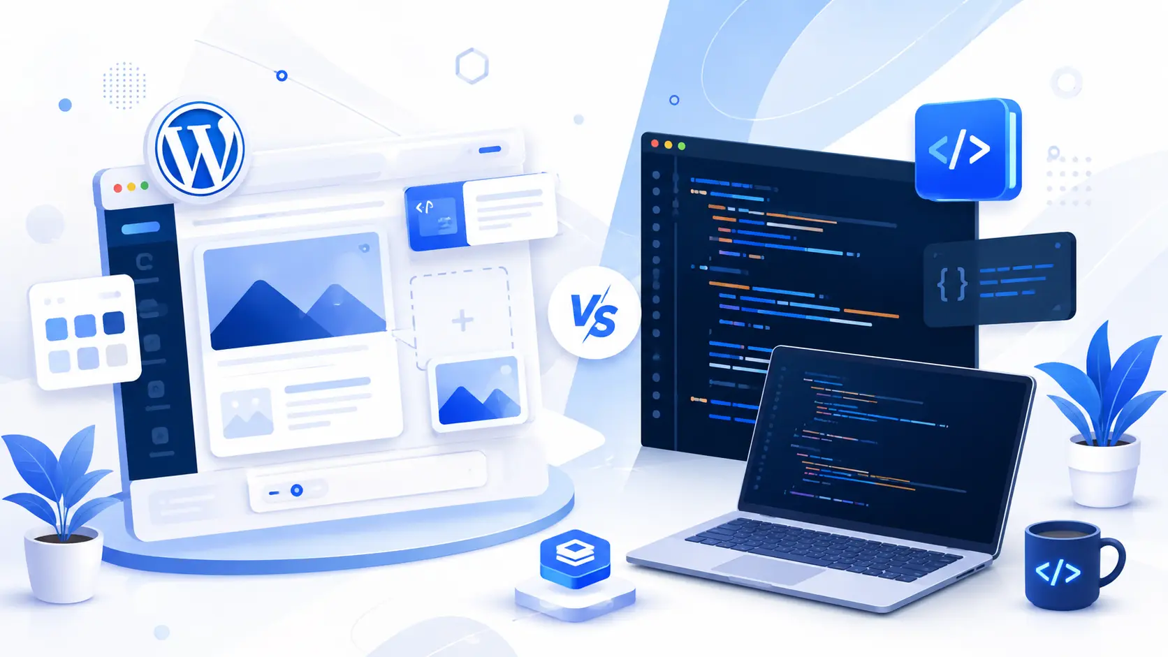 WordPress vs custom coding website comparison illustration.